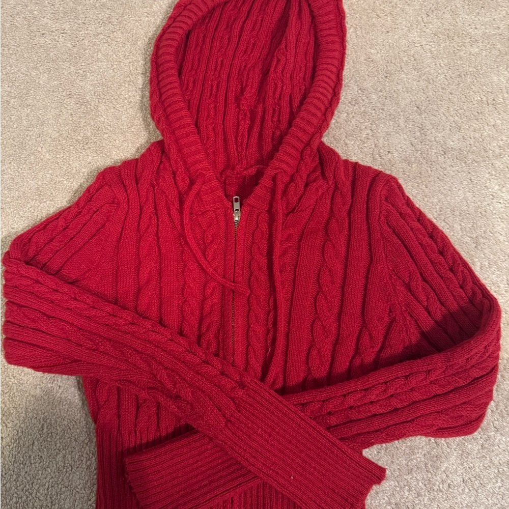 Cozy Red Cable Knit Hooded Sweater